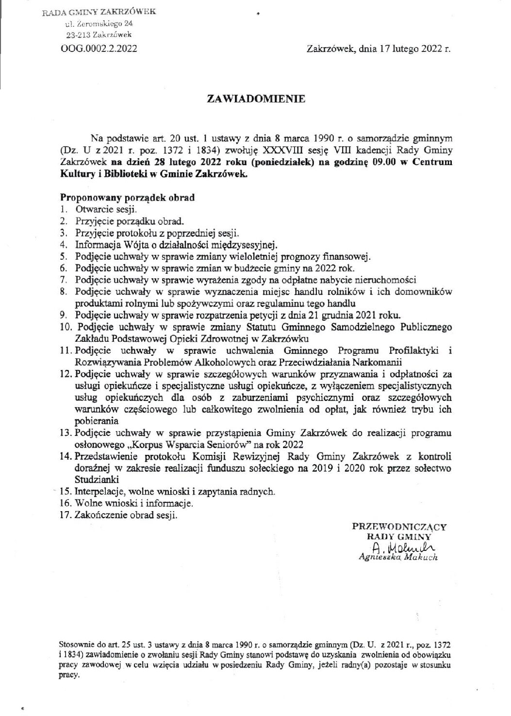 Zawiadomienie o zwołaniu XXXVIII sesji VIII kadencji Rady Gminy Zakrzówek na dzień 28 lutego 2022 r.