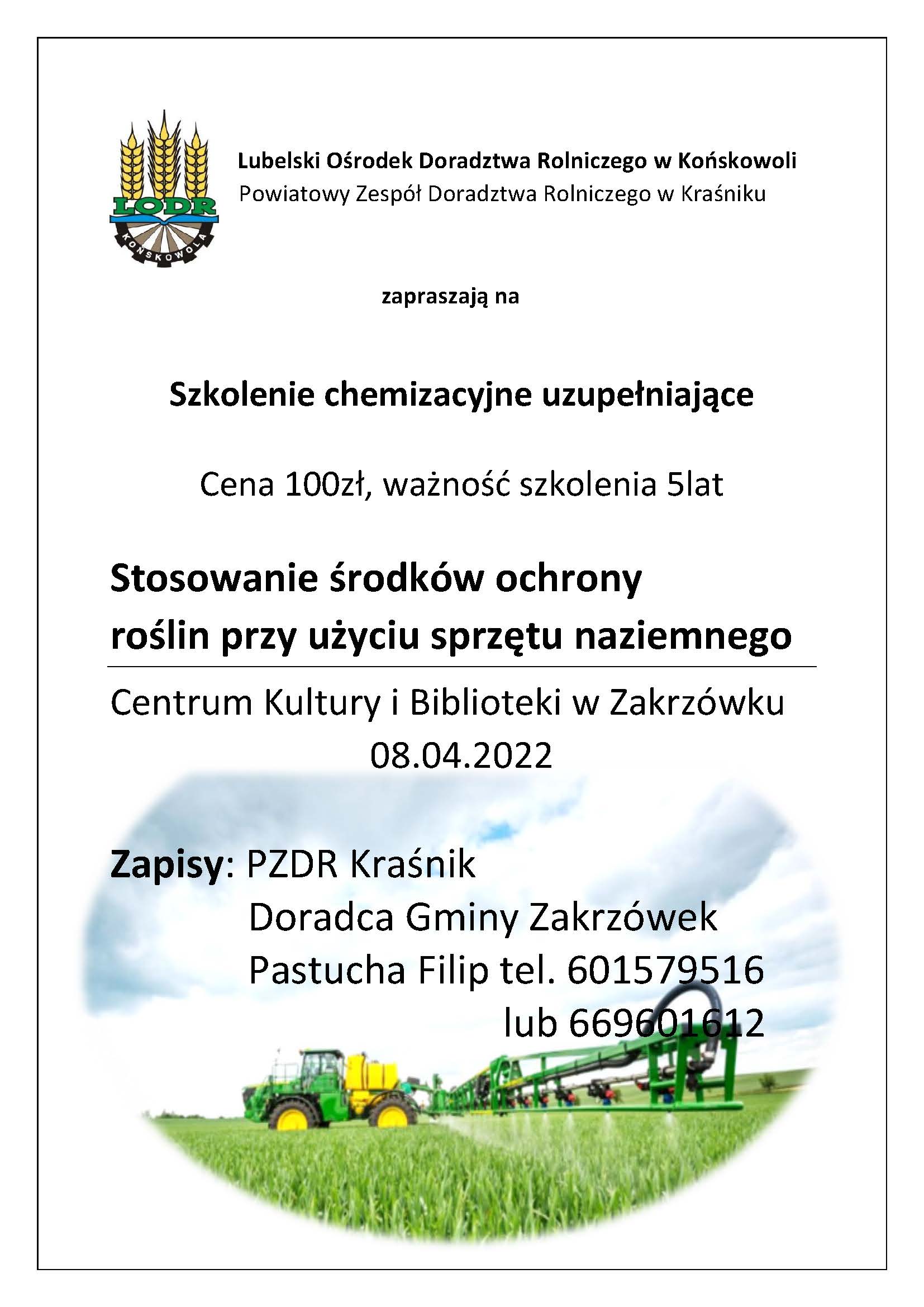 Ogłoszenie o szkoleniu chemizacyjnym organizowanym przez LODR w Końskowoli