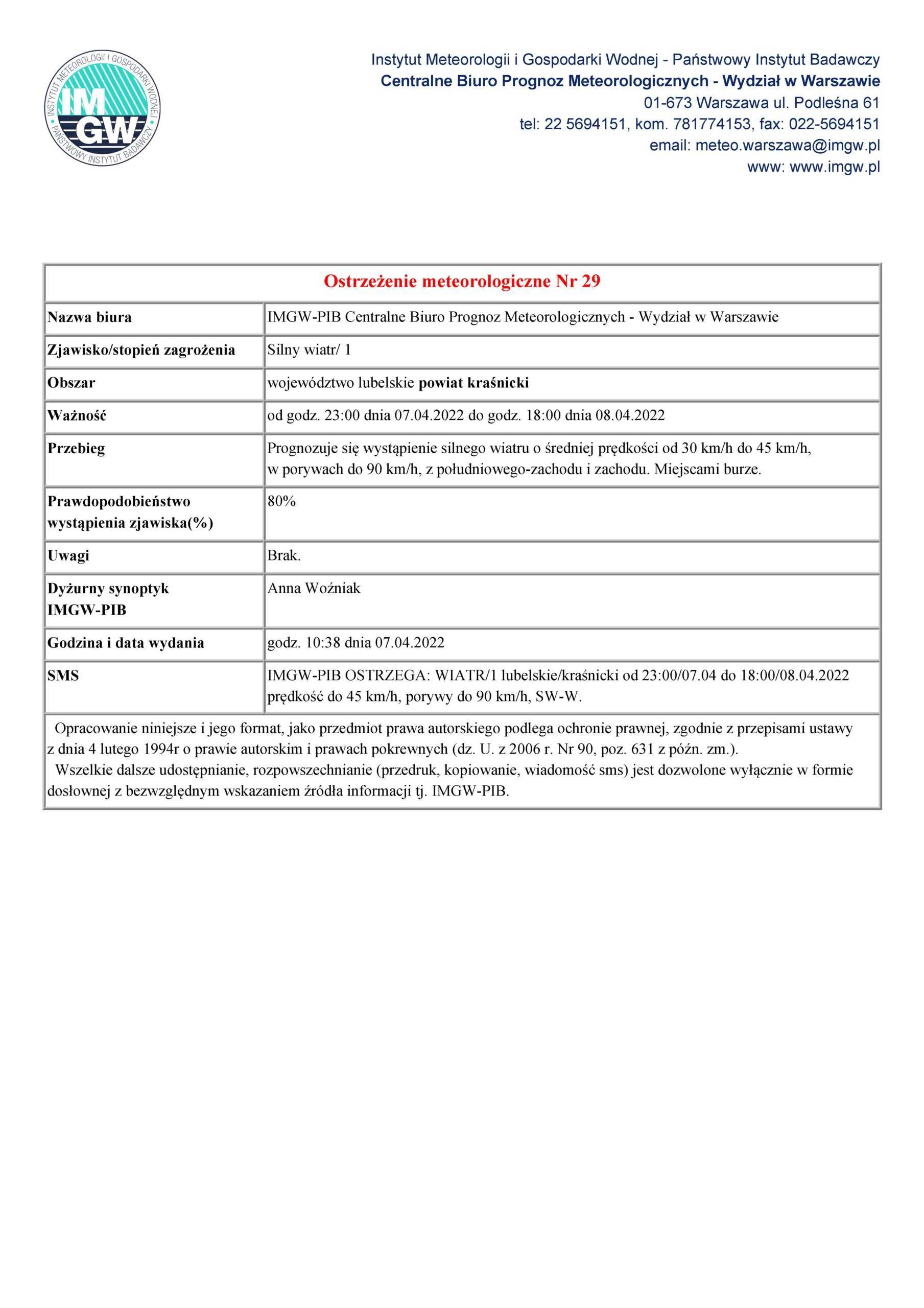 Ostrzeżenie meteorologiczne Nr 29 z dnia 07.04.2022 r.