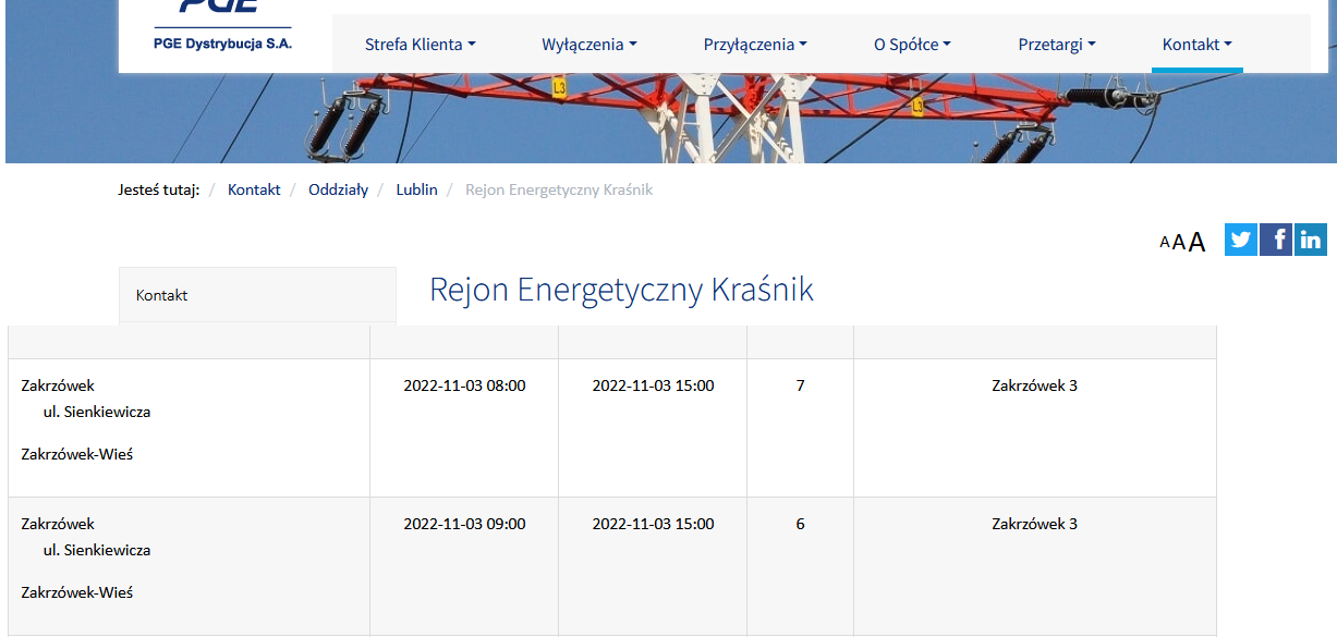 Informacja o planowanym wyłączeniu prądu 03.11.2022 r.