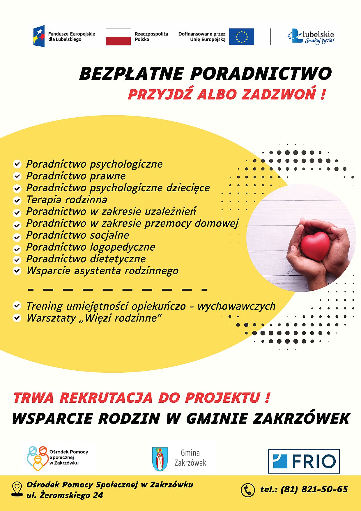Bezpłatne poradnictwo w ramach projektu “Wsparcie rodzin w Gminie Zakrzówek”
