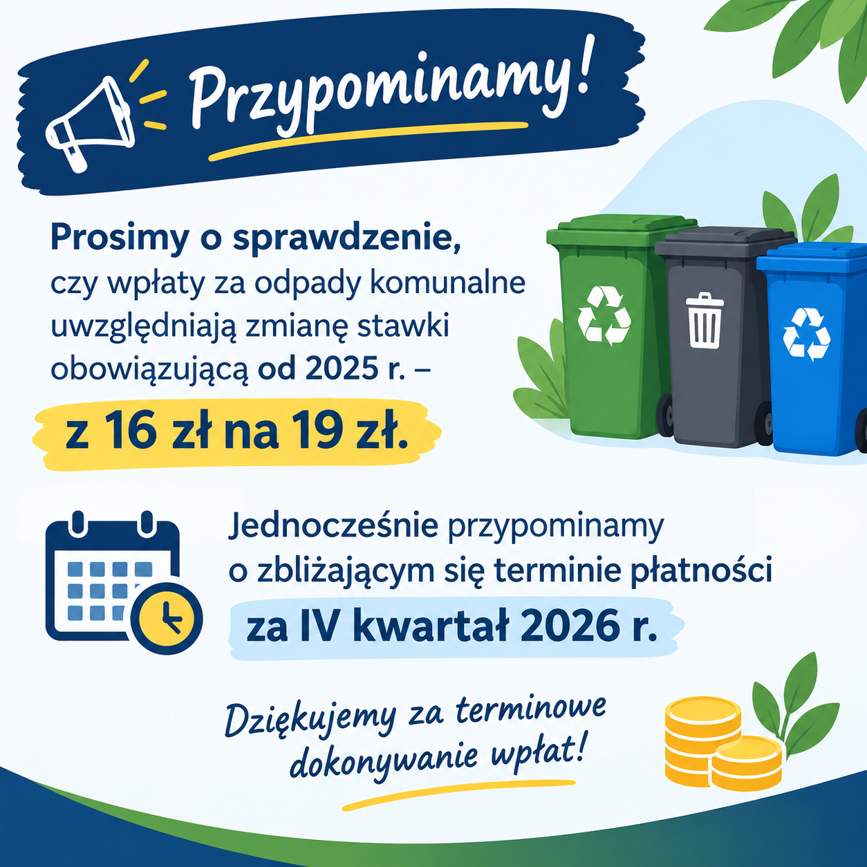 📢 Przypominamy o opłatach za odpady komunalne!